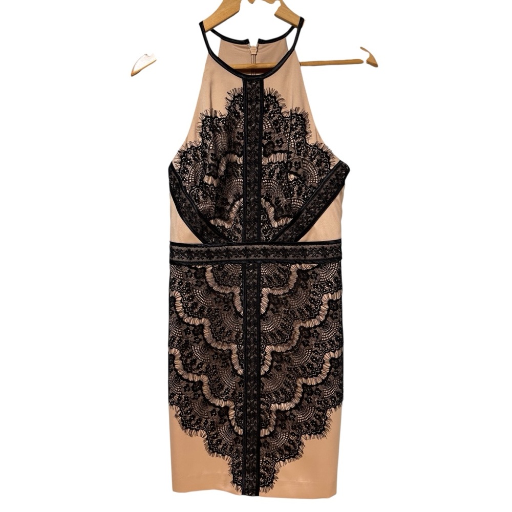 Bebe Tan Black Lace‎ Halter Neck Cocktail  Dress Size 6 Scalloped Overlay #569